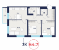 Трехкомнатная квартира в ЖД Викинг, 64,7 м², 9 599 000руб. 
