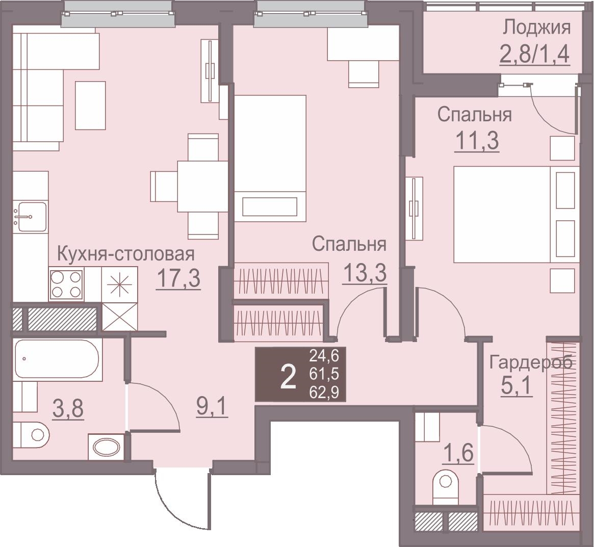 Планировка Трехкомнатная квартира в Жилой комплекс Теплые кварталы «Погода»