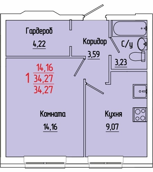 Планировка Однокомнатная квартира в Жилой комплекс Муромский