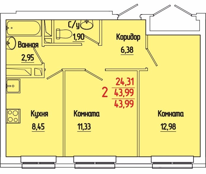 Планировка Двухкомнатная квартира в Жилой комплекс Муромский
