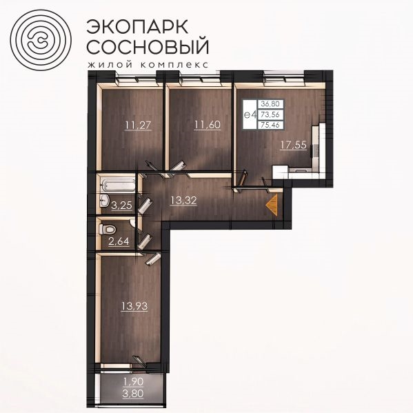 Планировка Трехкомнатная квартира в Жилой комплекс Экопарк Сосновый