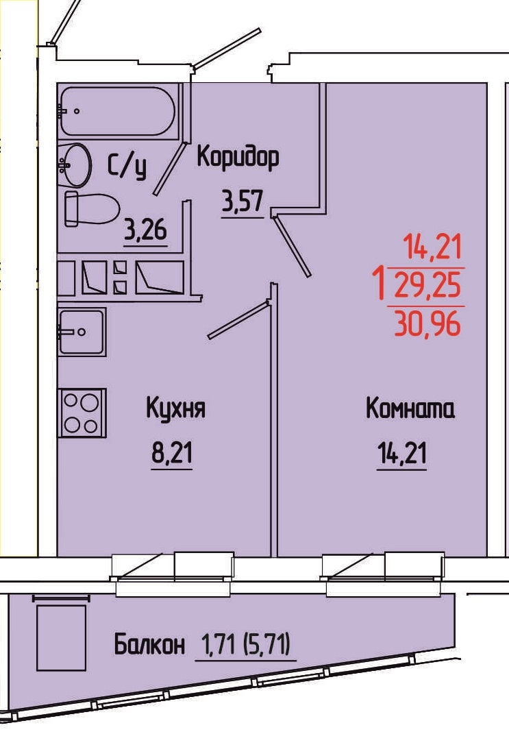 Планировка Однокомнатная квартира в Жилой комплекс Муромский