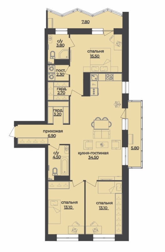 Планировка Четырехкомнатная квартира в Жилой комплекс Квартал «Bravo»