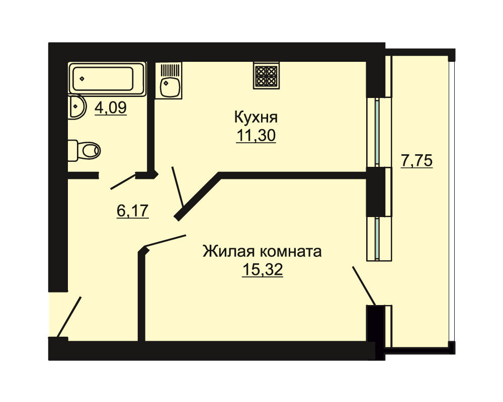 Планировка Однокомнатная квартира в Жилой дом Водников, 59