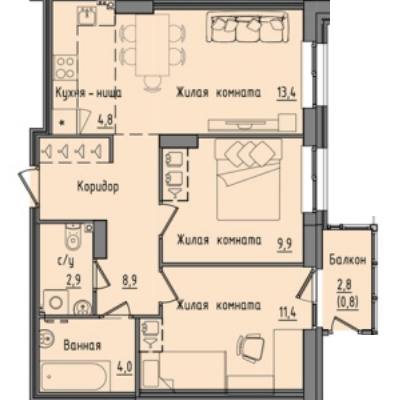 Планировка Трехкомнатная квартира в Жилой дом Капучино