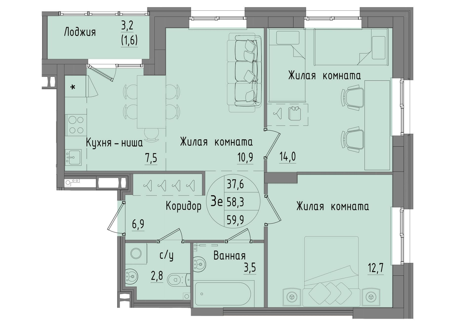 Планировка Трехкомнатная квартира в Жилой дом Капучино