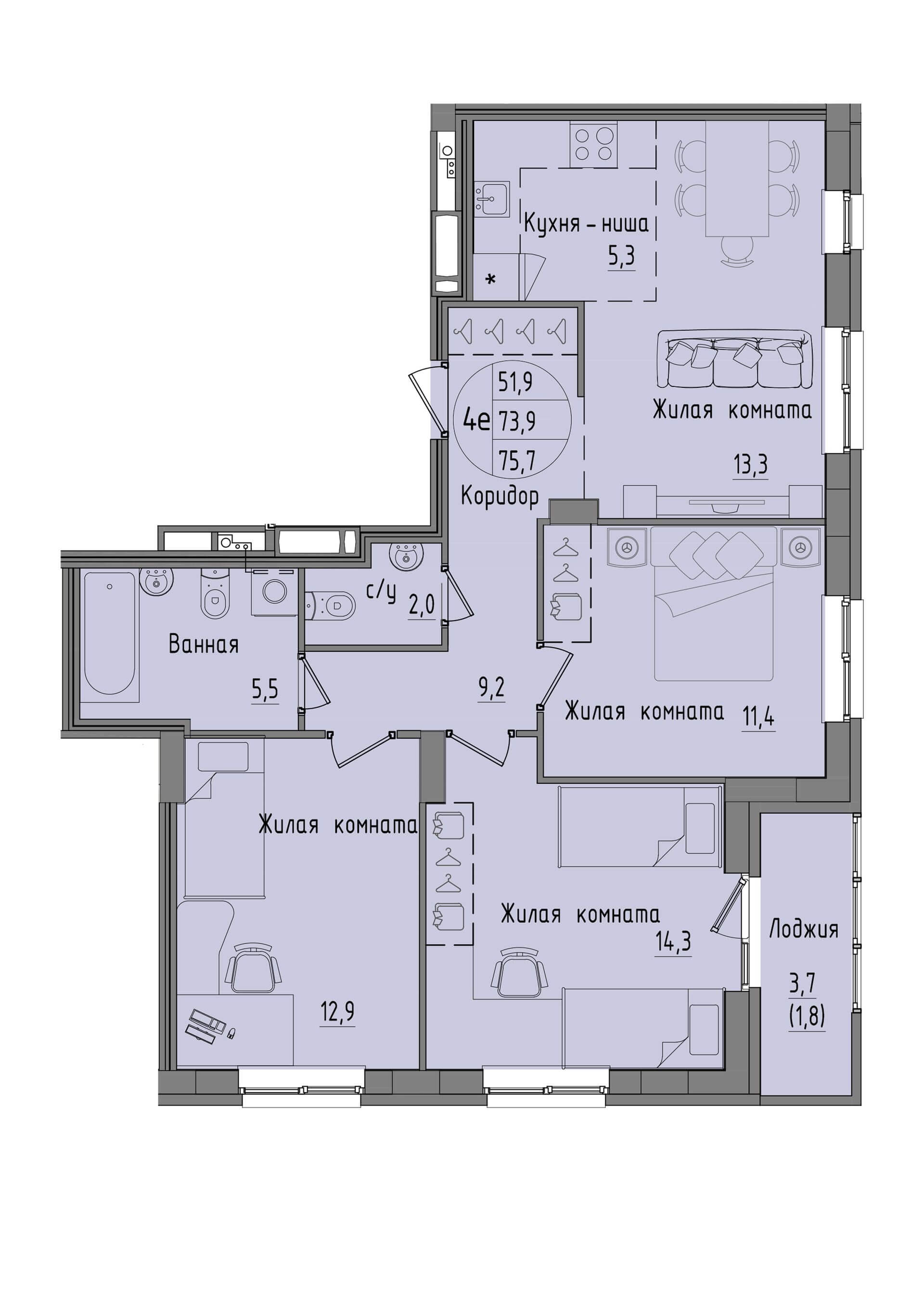 Планировка Четырехкомнатная квартира в Жилой дом Капучино