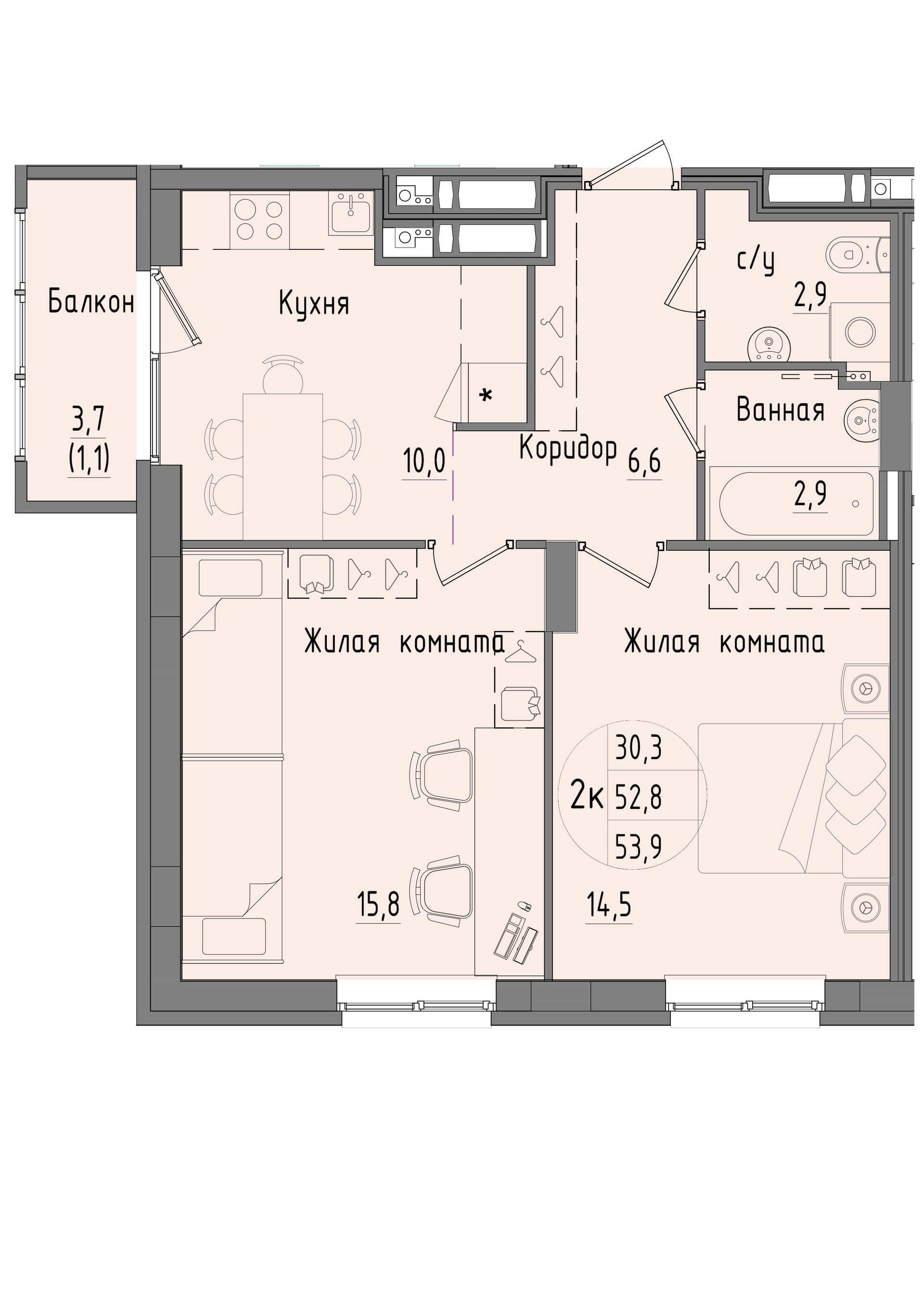 Планировка Двухкомнатная квартира в Жилой дом Капучино