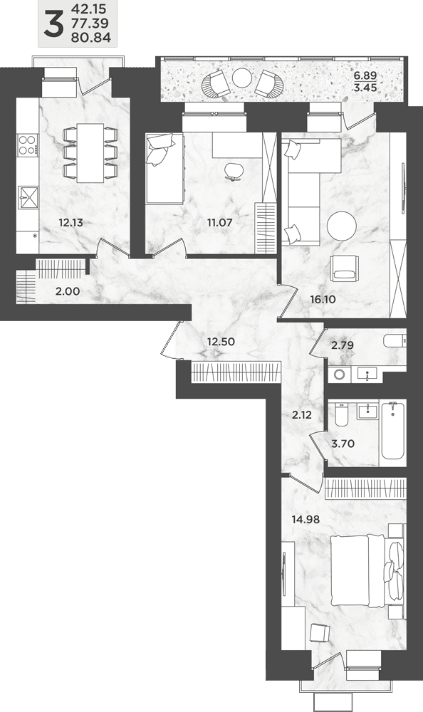 Планировка Трехкомнатная квартира в Жилой комплекс Дом на Анри