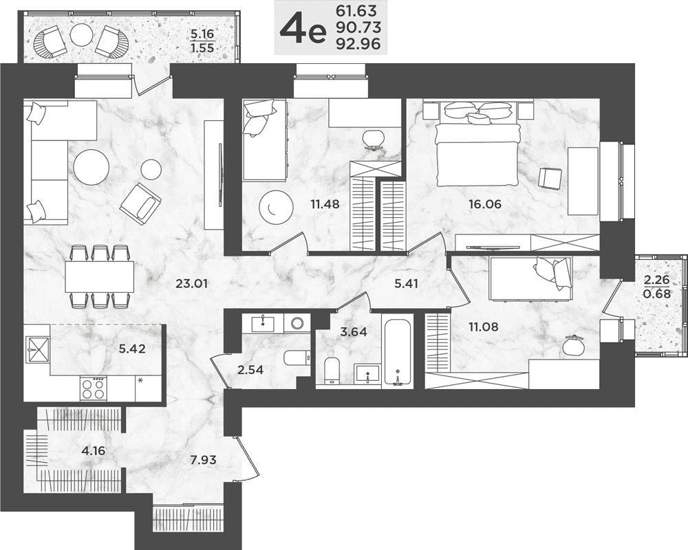 Планировка Четырехкомнатная квартира в Жилой комплекс Дом на Анри