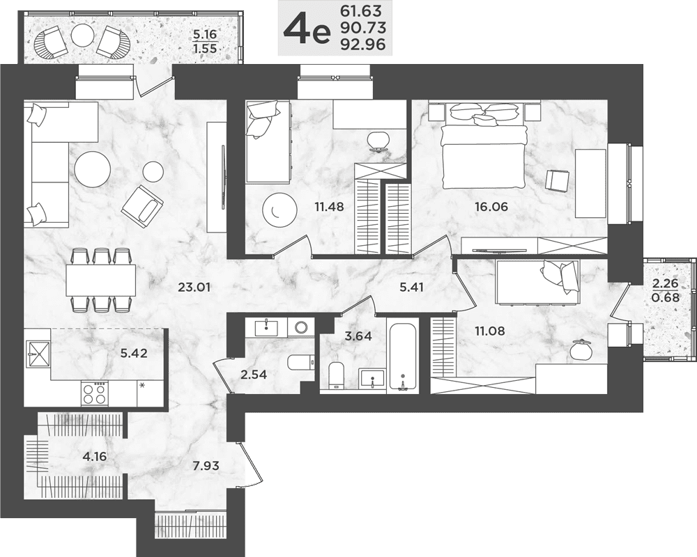 Планировка Четырехкомнатная квартира в Жилой комплекс Дом на Анри