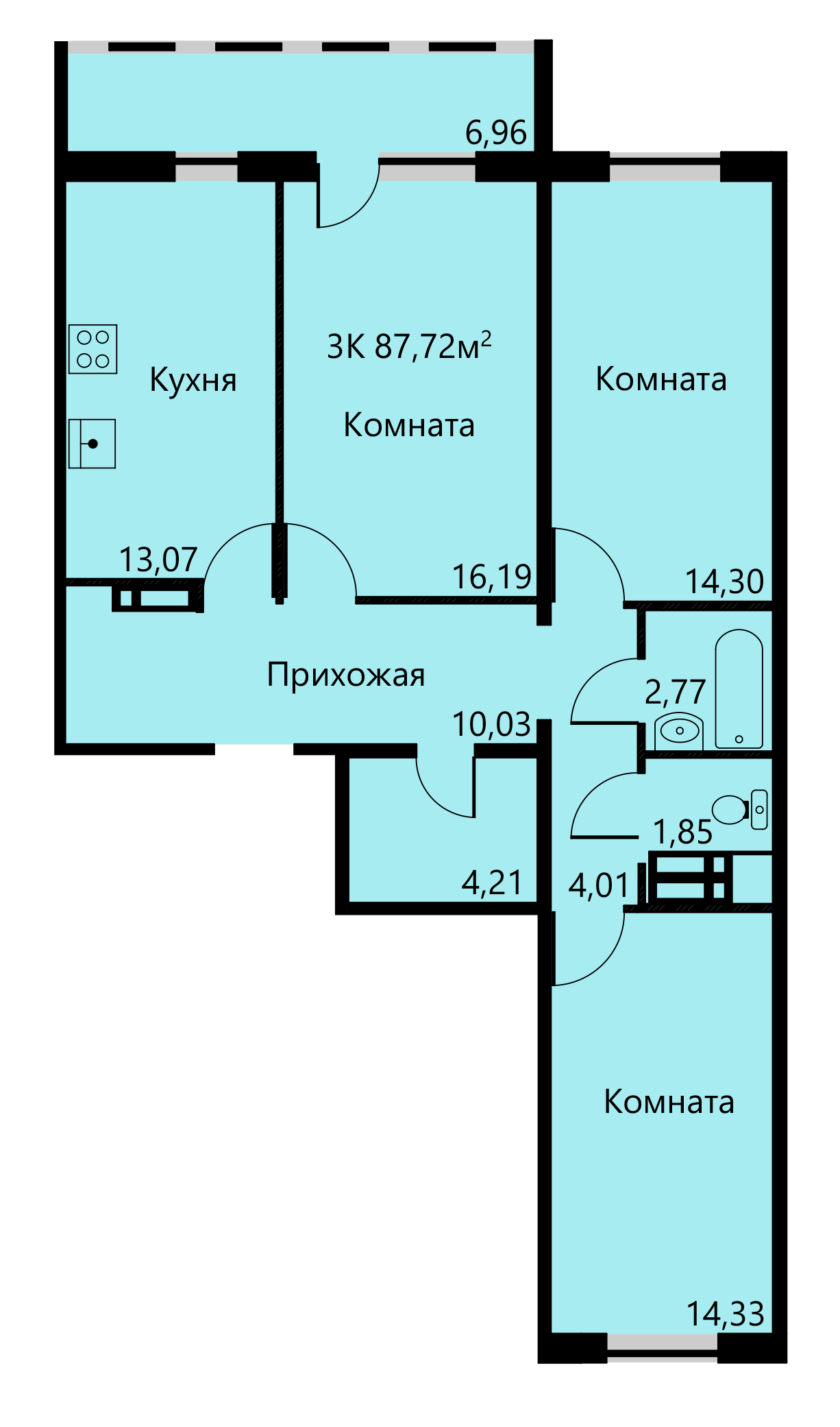 Планировка Трехкомнатная квартира в Жилой дом Яблочкова, 3