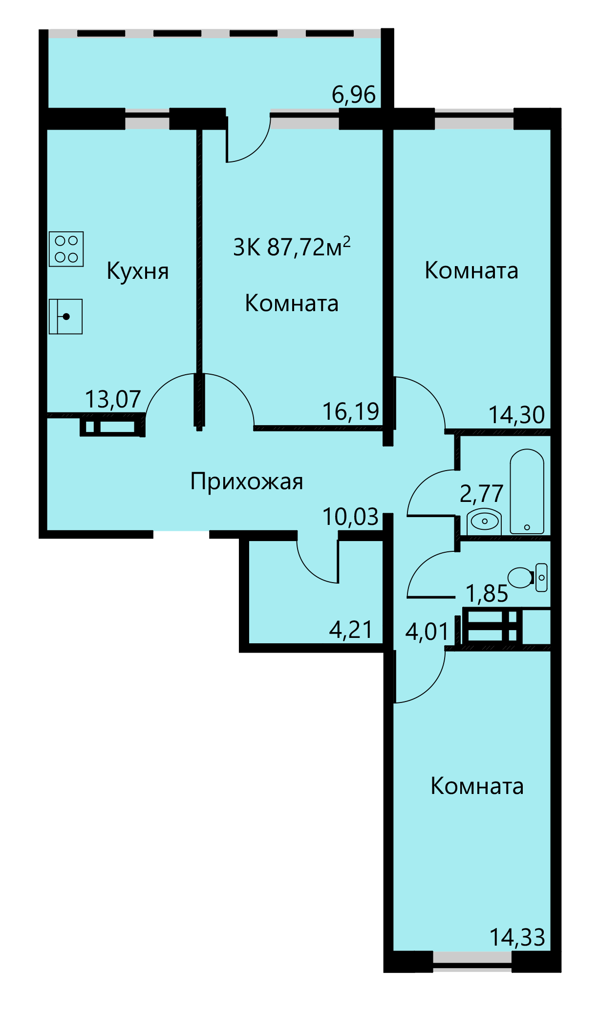 Планировка Трехкомнатная квартира в Жилой дом Яблочкова, 3