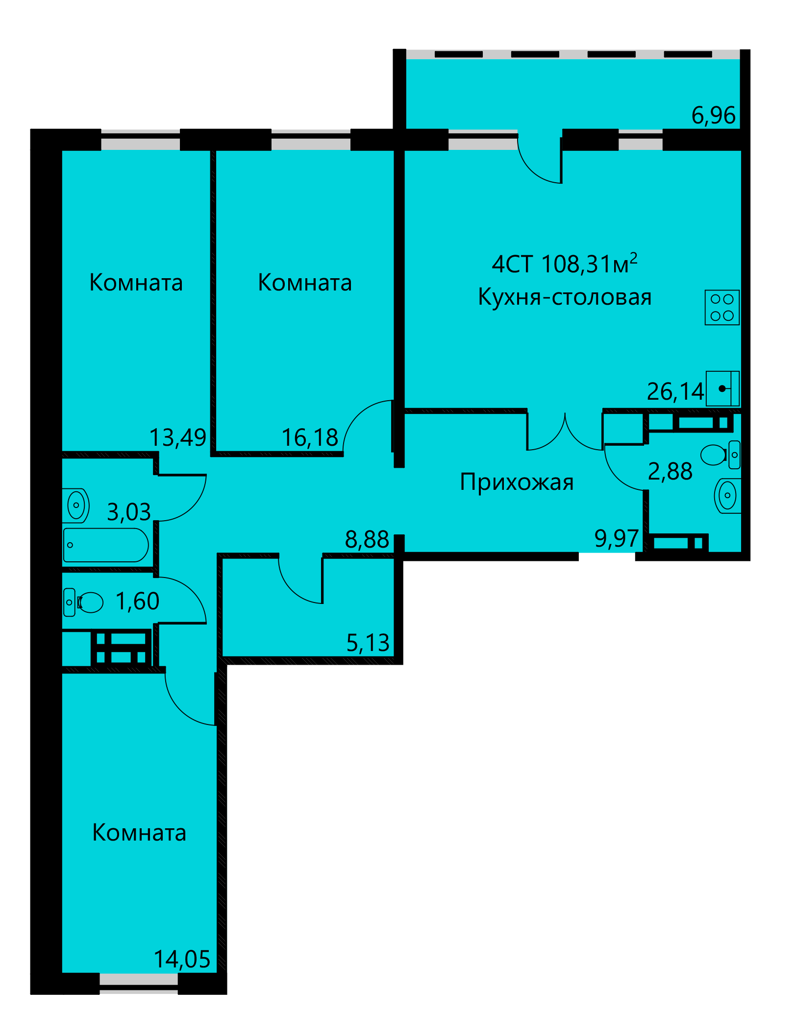 Планировка Четырехкомнатная квартира в Жилой дом Яблочкова, 3