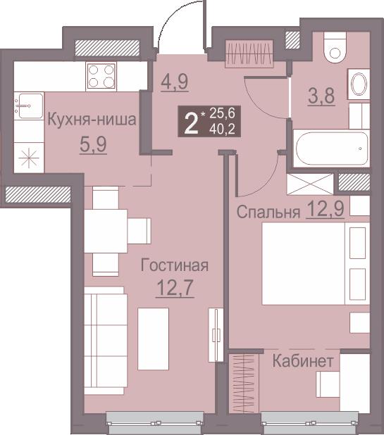 Планировка Двухкомнатная квартира в Жилой комплекс Теплые кварталы «Погода»