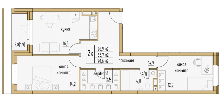 Планировка Двухкомнатная квартира в Жилой дом Новая губерния