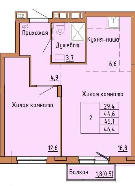 Планировка Двухкомнатная квартира в Жилой дом Дом на Адмирала Ушакова 34а