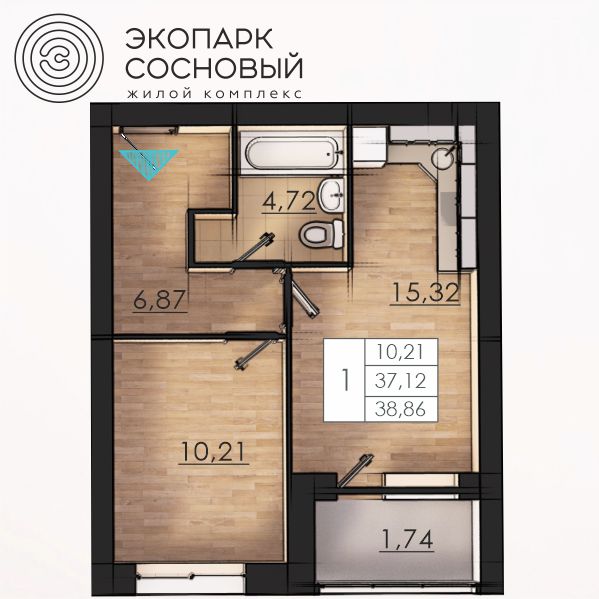 Планировка Однокомнатная квартира в Жилой комплекс Экопарк Сосновый