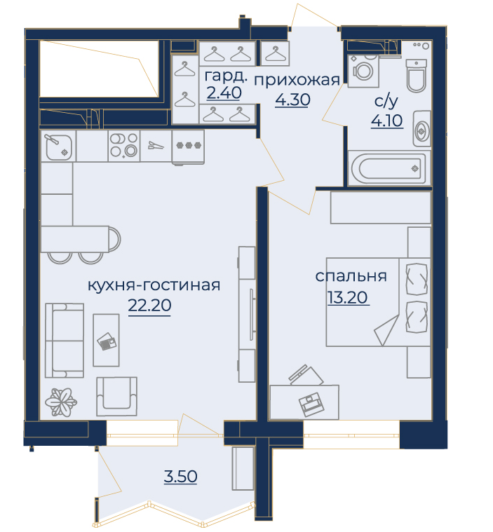 Планировка Двухкомнатная квартира в Жилой комплекс Квартал «Bravo»