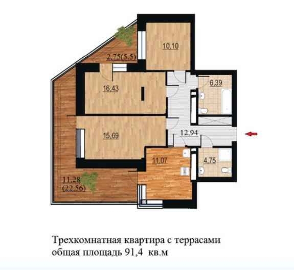Планировка Трехкомнатная квартира в Жилой дом Курья Парк