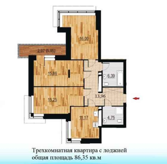 Планировка Трехкомнатная квартира в Жилой дом Курья Парк