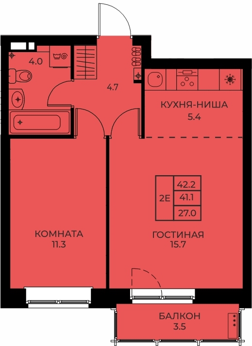 Планировка Двухкомнатная квартира в Жилой дом UNO