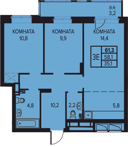Планировка Трехкомнатная квартира в Жилой дом AQUA