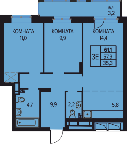 Планировка Трехкомнатная квартира в Жилой дом AQUA