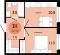 Однокомнатная квартира в ЖК ЖК Новый район «Красное яблоко», 32,9 м², 4 410 000руб. 