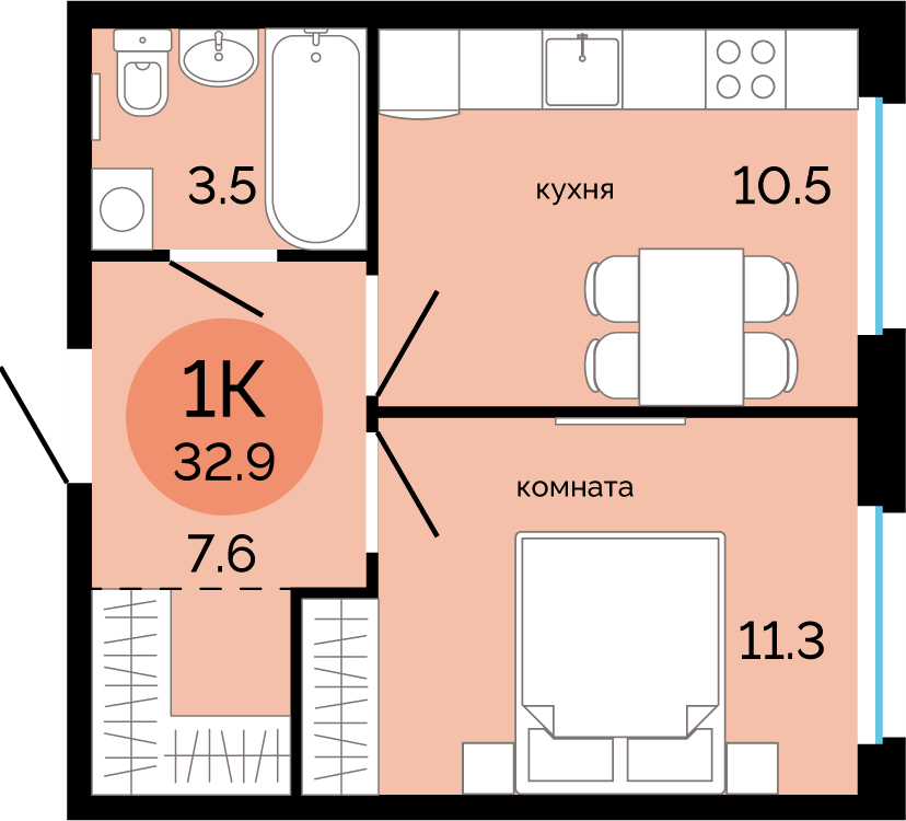 Планировка Однокомнатная квартира в Жилой комплекс Новый район «Красное яблоко»