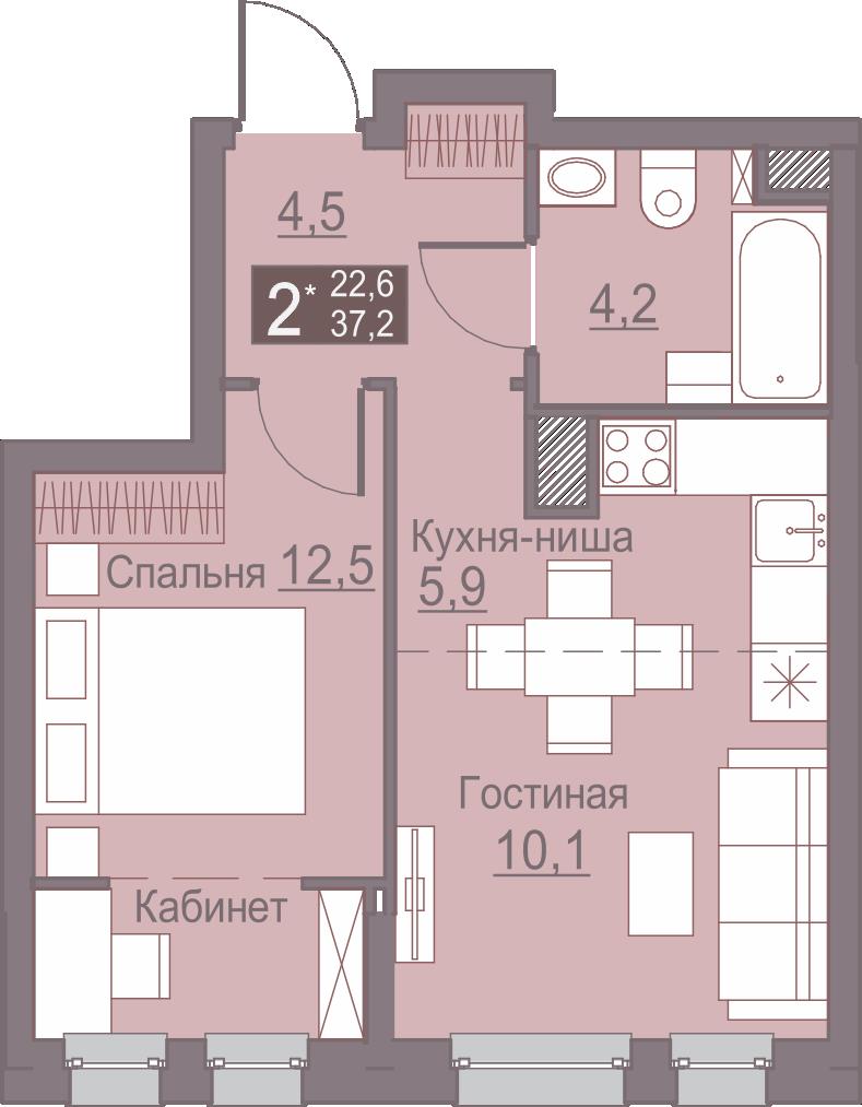 Планировка Двухкомнатная квартира в Жилой комплекс Теплые кварталы «Погода»