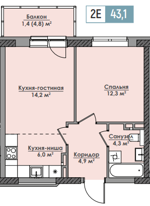 Планировка Двухкомнатная квартира в Жилой комплекс ПАРМА