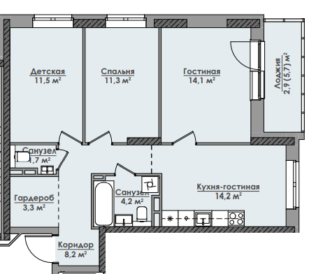 Планировка Трехкомнатная квартира в Жилой комплекс ПАРМА