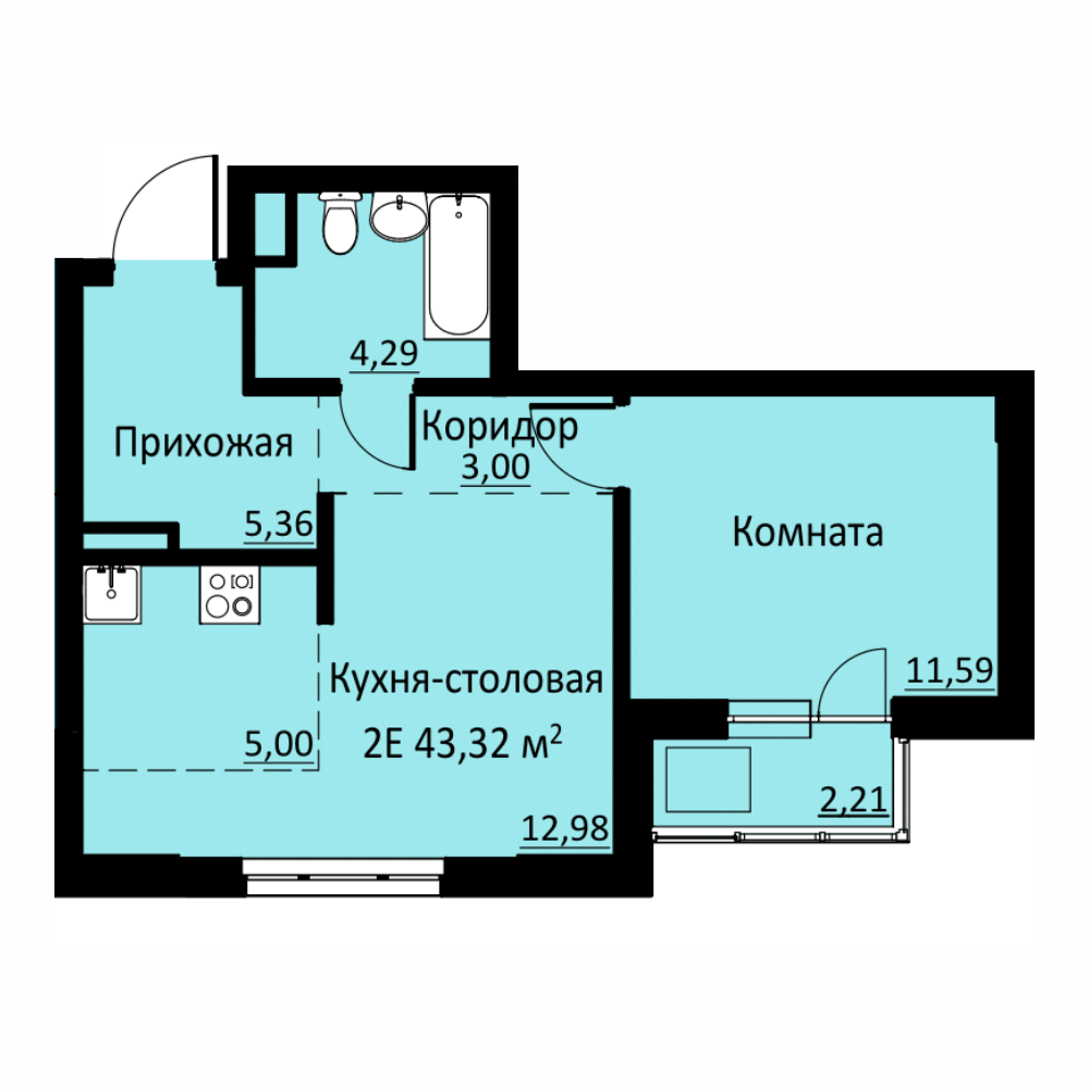 Планировка Двухкомнатная квартира в Жилой комплекс БЛИЖЕ