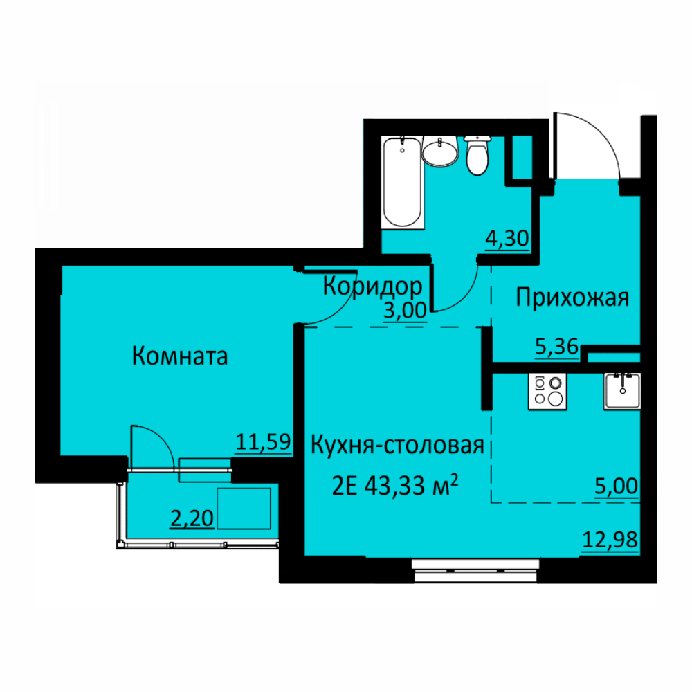 Планировка Двухкомнатная квартира в Жилой комплекс БЛИЖЕ