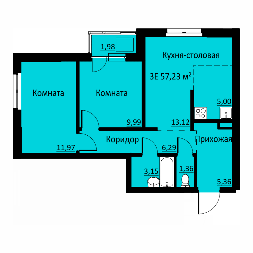 Планировка Трехкомнатная квартира в Жилой комплекс БЛИЖЕ