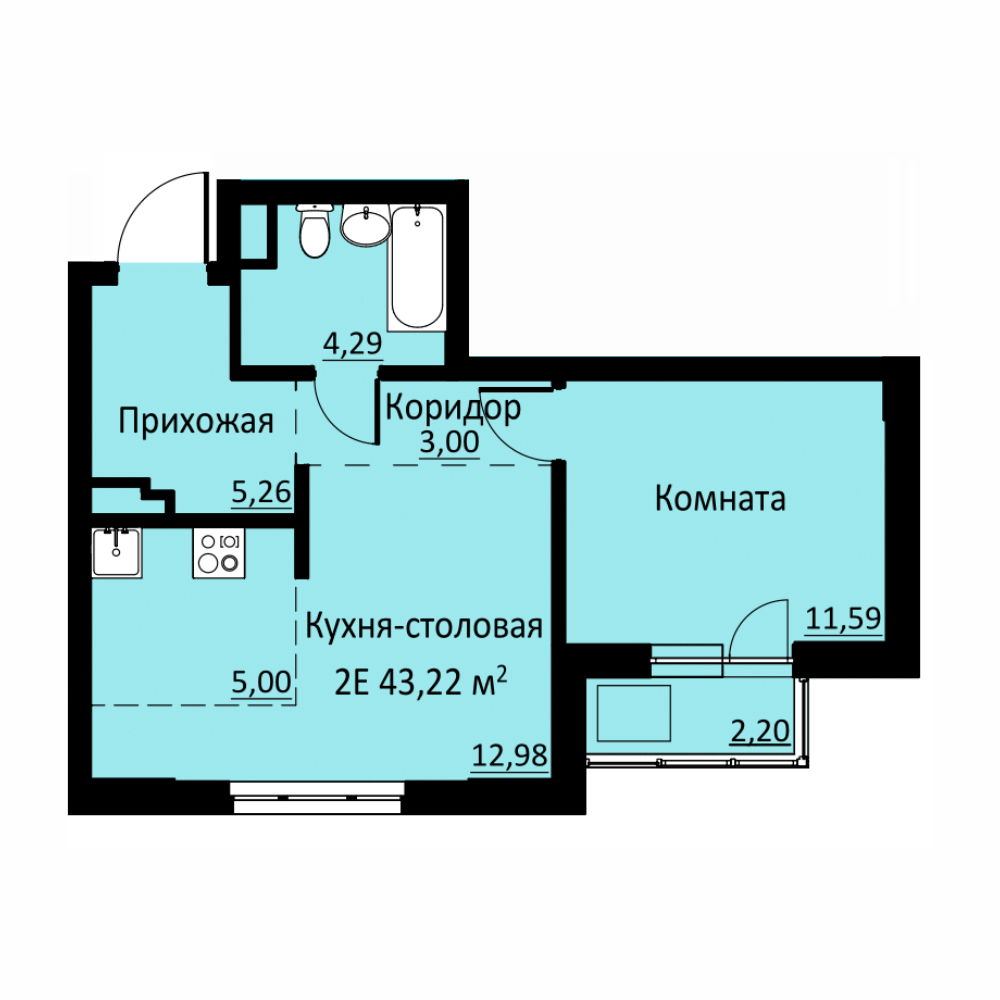 Планировка Двухкомнатная квартира в Жилой комплекс БЛИЖЕ