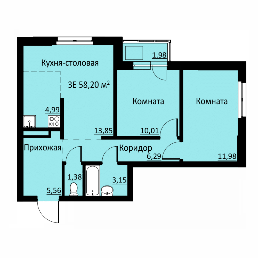 Планировка Трехкомнатная квартира в Жилой комплекс БЛИЖЕ