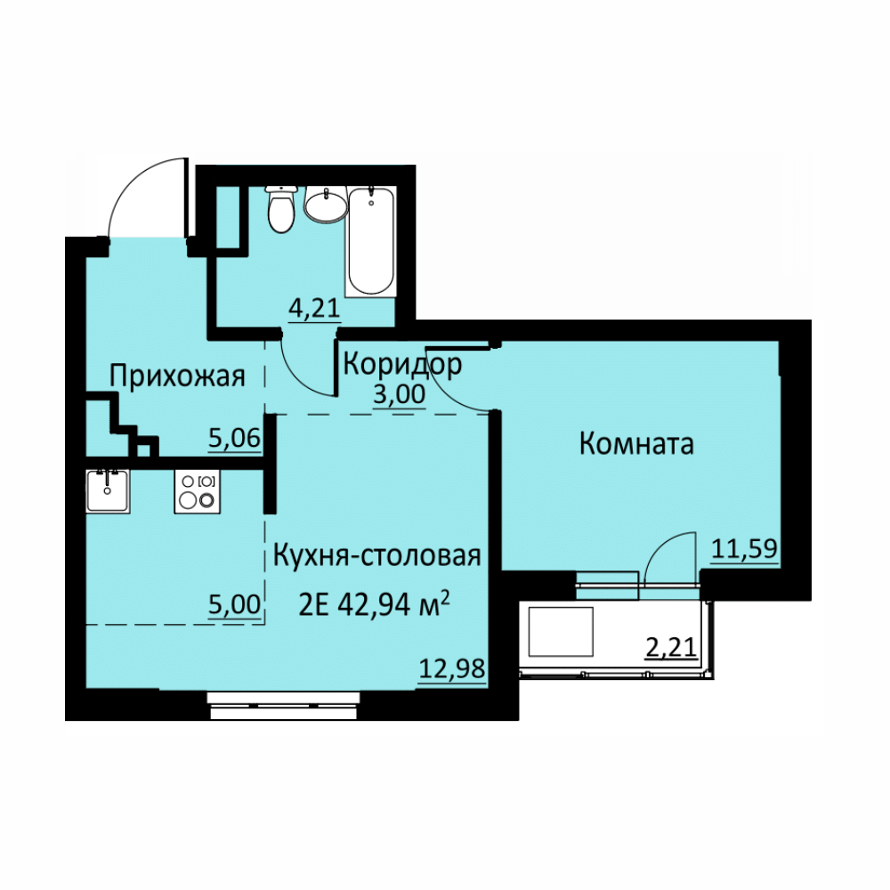 Планировка Двухкомнатная квартира в Жилой комплекс БЛИЖЕ