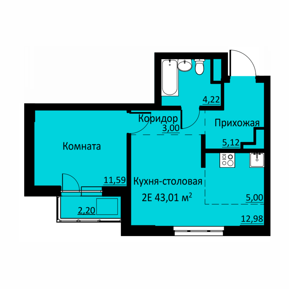 Планировка Двухкомнатная квартира в Жилой комплекс БЛИЖЕ