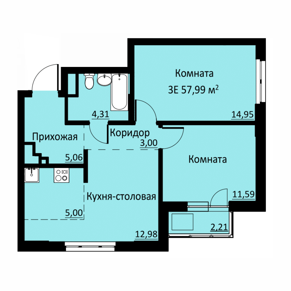 Планировка Трехкомнатная квартира в Жилой комплекс БЛИЖЕ