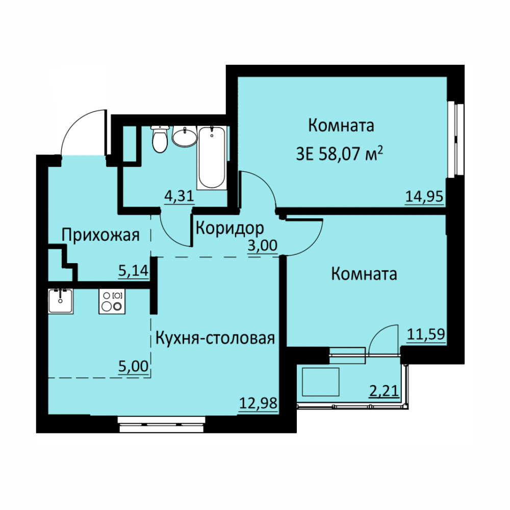 Планировка Трехкомнатная квартира в Жилой комплекс БЛИЖЕ