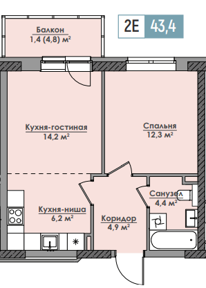 Планировка Двухкомнатная квартира в Жилой комплекс ПАРМА