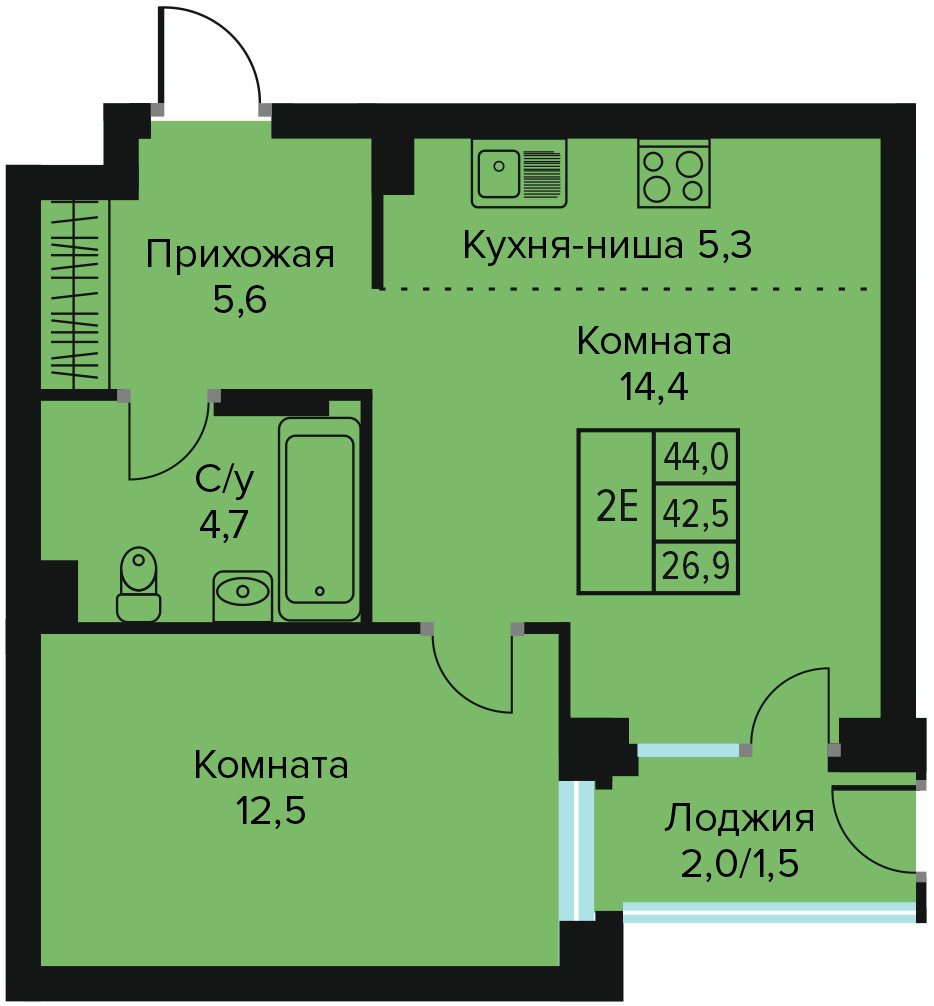 Планировка Двухкомнатная квартира в Жилой дом URBANLIFE