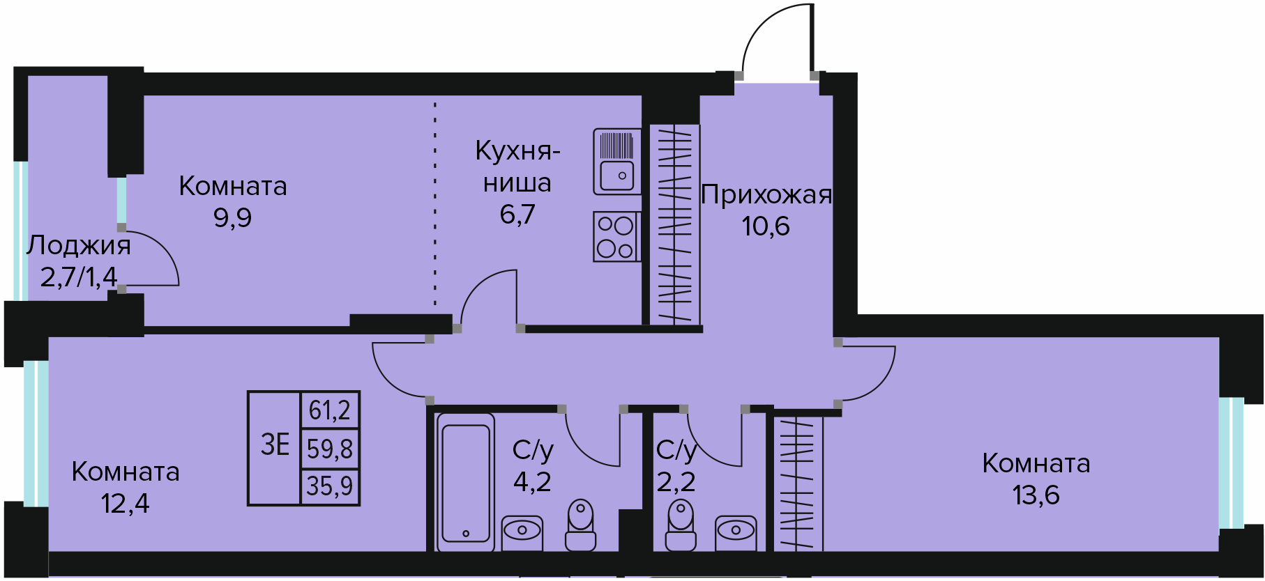 Планировка Трехкомнатная квартира в Жилой дом URBANLIFE