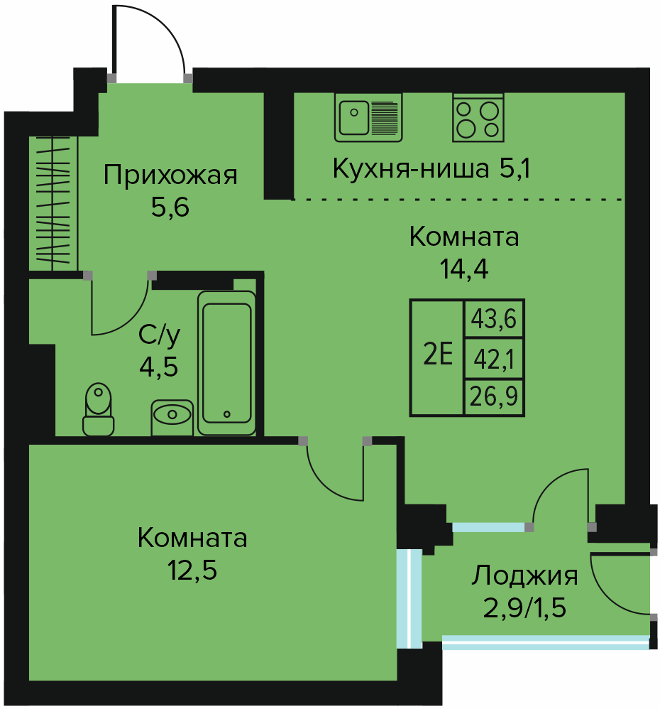 Планировка Двухкомнатная квартира в Жилой дом URBANLIFE