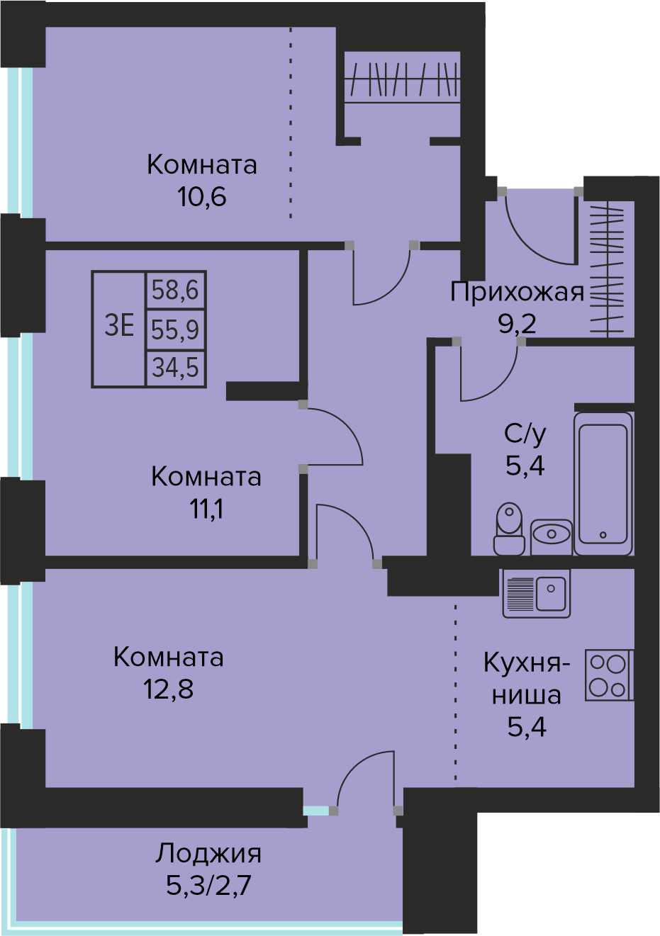 Планировка Трехкомнатная квартира в Жилой дом URBANLIFE