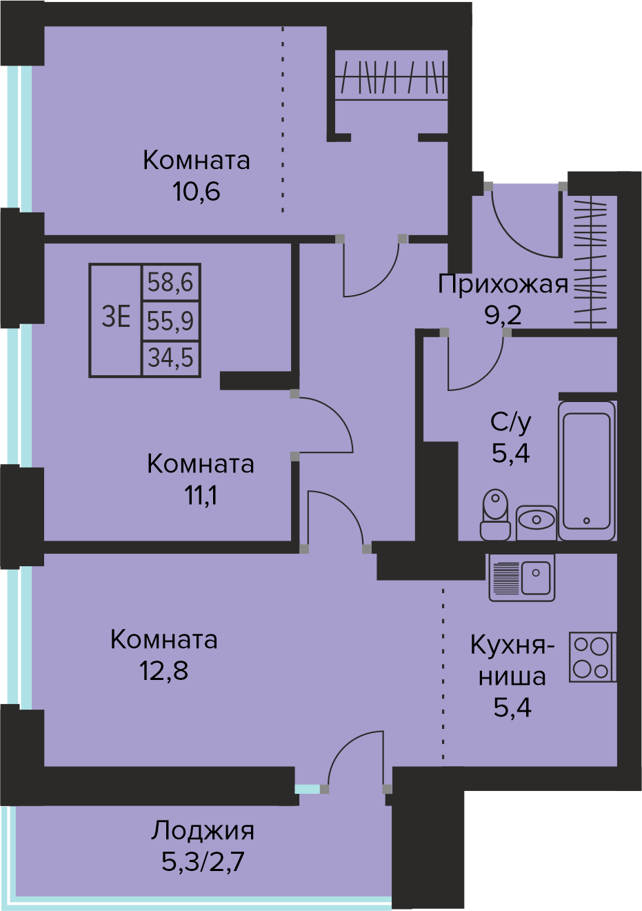 Планировка Трехкомнатная квартира в Жилой дом URBANLIFE