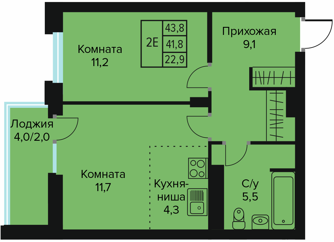 Планировка Двухкомнатная квартира в Жилой дом URBANLIFE