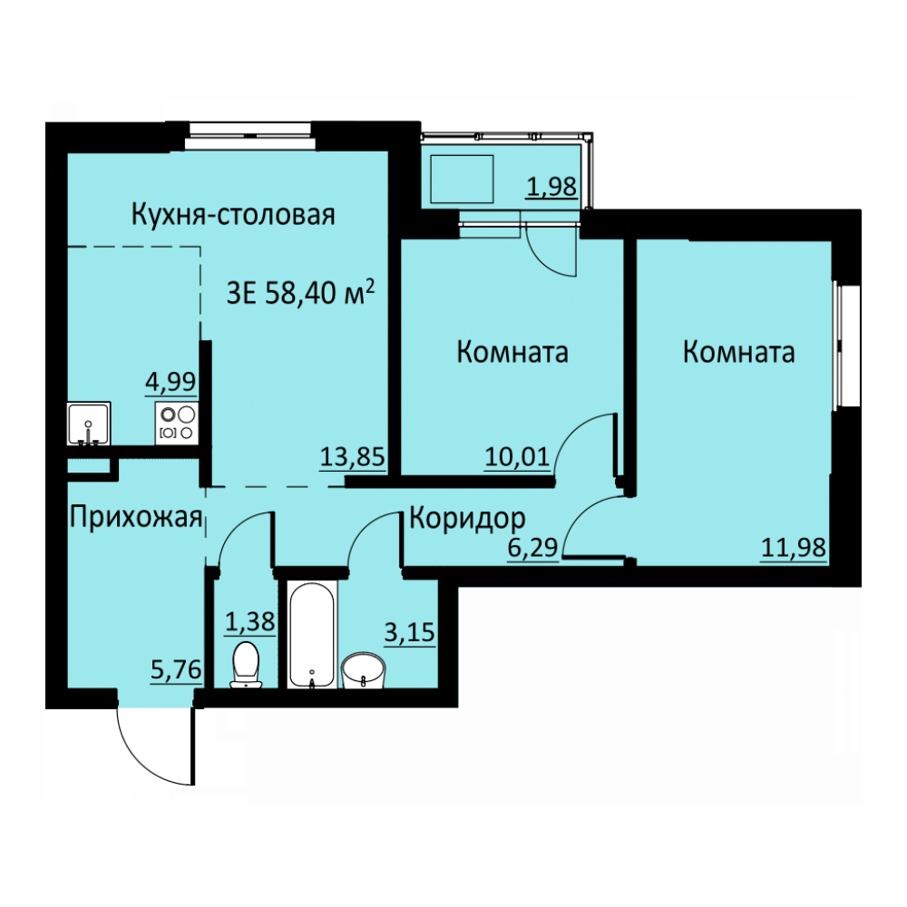 Планировка Трехкомнатная квартира в Жилой комплекс БЛИЖЕ